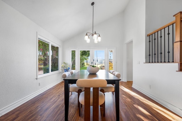 1592 Hawk View Dr, Encinitas, CA 92024 - dining space with dark wood-style flooring, high vaulted ceiling, and a chandelier