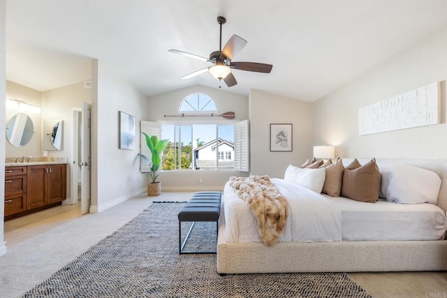 1592 Hawk View Dr, Encinitas, CA 92024 - bedroom featuring light carpet, vaulted ceiling, connected bathroom, and ceiling fan