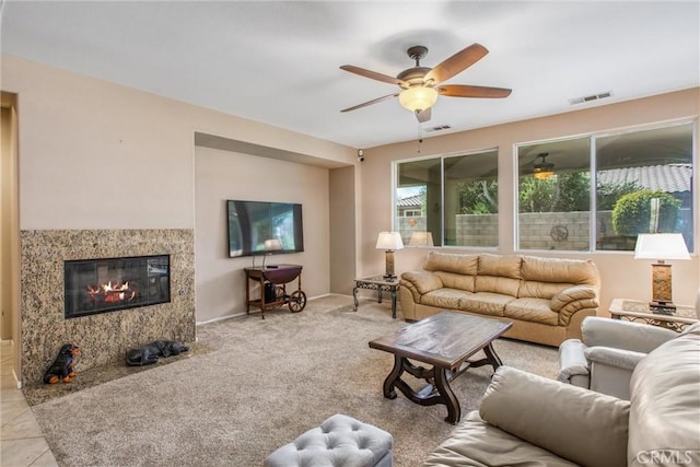 83315 Stagecoach Rd, Indio, CA 92203 - carpeted living area with ceiling fan and a fireplace