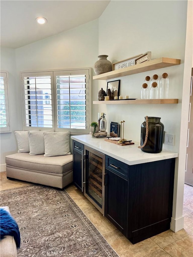 76376 Sweet Pea Way, Palm Desert, CA 92211 - bar featuring wine cooler, vaulted ceiling, and recessed lighting