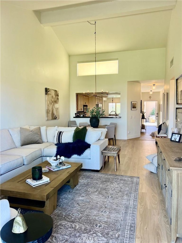 76376 Sweet Pea Way, Palm Desert, CA 92211 - living room featuring high vaulted ceiling, beamed ceiling, and light wood finished floors
