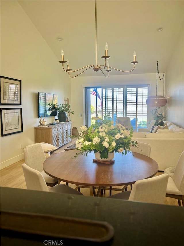 76376 Sweet Pea Way, Palm Desert, CA 92211 - dining area featuring a chandelier, lofted ceiling, and light wood-style floors