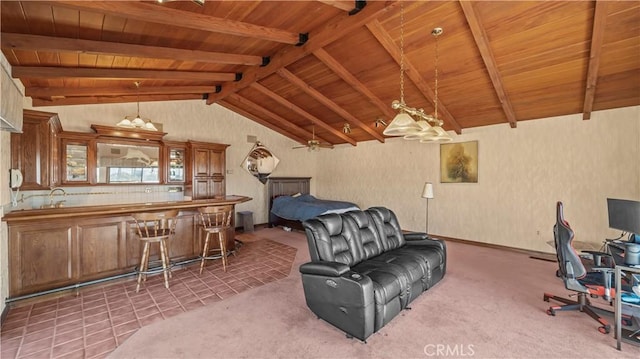 4968 Chapala Dr, Riverside, CA 92507 - carpeted living area with wood ceiling and a sink