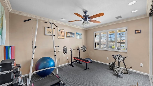4968 Chapala Dr, Riverside, CA 92507 - workout room with ornamental molding, a ceiling fan, and recessed lighting