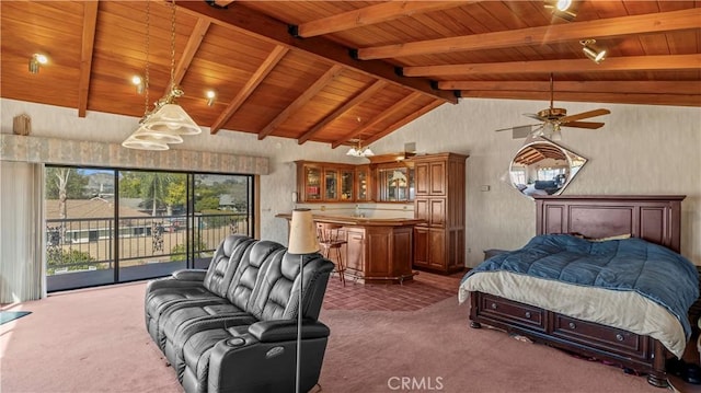 4968 Chapala Dr, Riverside, CA 92507 - carpeted bedroom featuring wood ceiling, bar area, and access to exterior