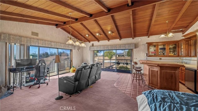 4968 Chapala Dr, Riverside, CA 92507 - living room with wood ceiling, light colored carpet, and wet bar