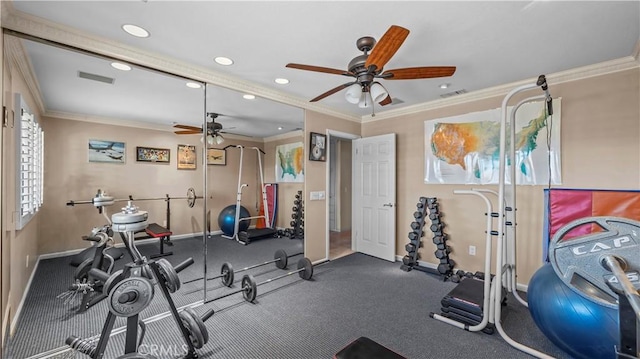 4968 Chapala Dr, Riverside, CA 92507 - exercise room featuring ceiling fan, recessed lighting, and ornamental molding