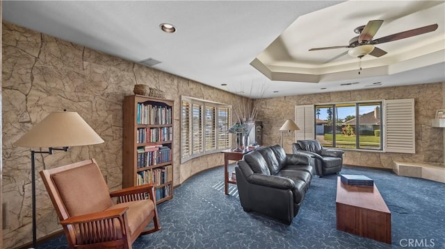 4968 Chapala Dr, Riverside, CA 92507 - living room with carpet, a ceiling fan, and a tray ceiling