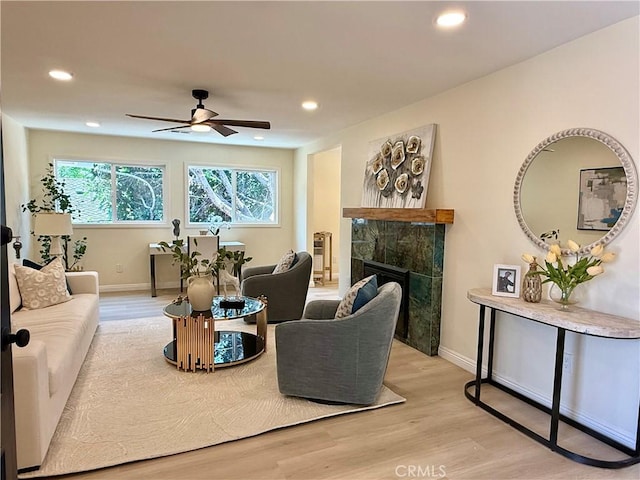 1319 Riedel Ave, Fullerton, CA 92831 - living area featuring a ceiling fan, light wood-style flooring, a fireplace, and recessed lighting