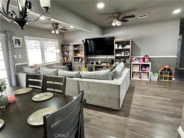 14811 Alexander St, San Fernando, CA 91345 - living room featuring ceiling fan, wood finished floors, recessed lighting, and a chandelier