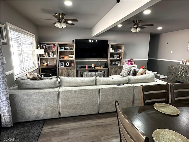 14811 Alexander St, San Fernando, CA 91345 - living room with a ceiling fan, recessed lighting, and wood finished floors