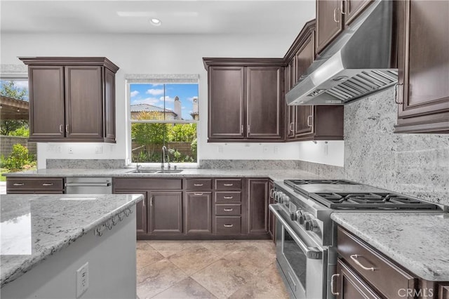 65 Rexford, Irvine, CA 92620 - kitchen featuring under cabinet range hood, stainless steel appliances, dark brown cabinets, light stone counters, and recessed lighting