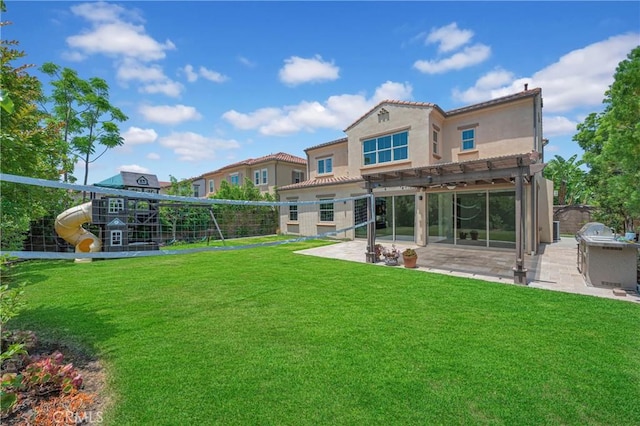 65 Rexford, Irvine, CA 92620 - rear view of property featuring a pergola, a patio area, stucco siding, a tiled roof, and area for grilling