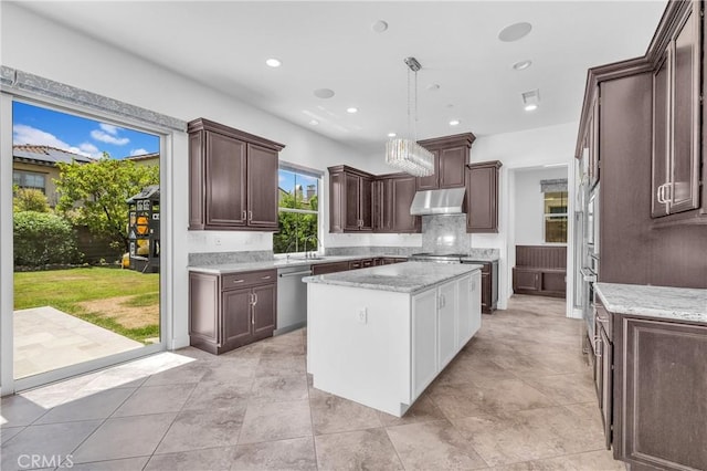 65 Rexford, Irvine, CA 92620 - kitchen with under cabinet range hood, dishwasher, dark brown cabinets, tasteful backsplash, and light stone countertops