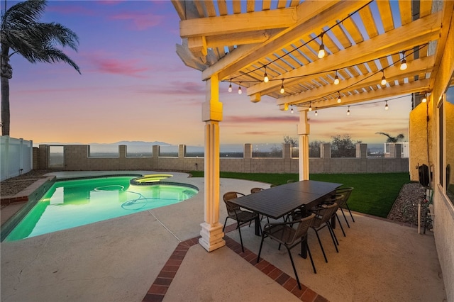 747 Highland View Dr, Corona, CA 92882 - view of pool with a fenced backyard, a patio, a pool with connected hot tub, a pergola, and outdoor dining space