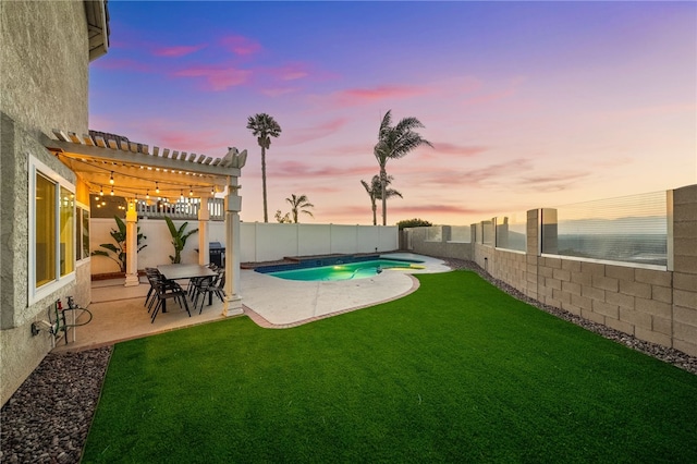 747 Highland View Dr, Corona, CA 92882 - pool at dusk featuring a pergola, a fenced backyard, and a patio area