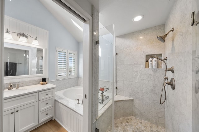 747 Highland View Dr, Corona, CA 92882 - full bath featuring vaulted ceiling, a tile shower, vanity, a bath, and wood finished floors
