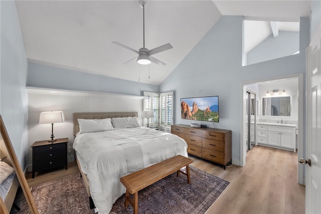 747 Highland View Dr, Corona, CA 92882 - bedroom with high vaulted ceiling, light wood-style floors, ensuite bath, and a ceiling fan