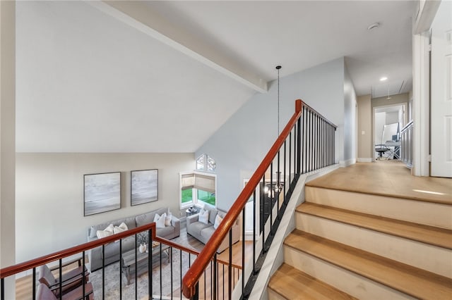747 Highland View Dr, Corona, CA 92882 - stairway featuring attic access, beamed ceiling, and high vaulted ceiling