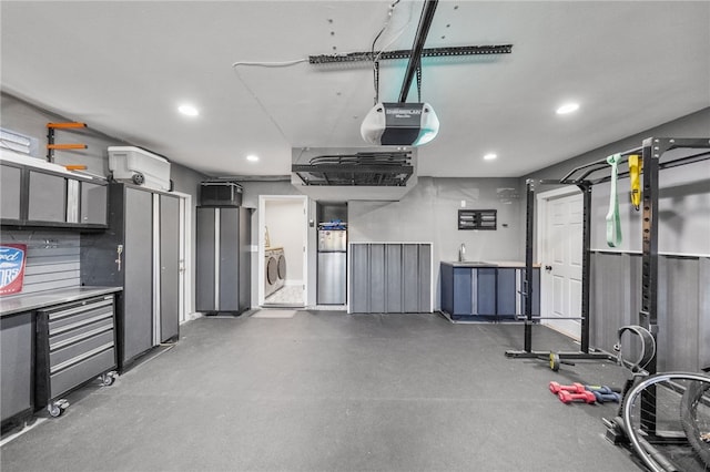 747 Highland View Dr, Corona, CA 92882 - garage with washer / dryer, recessed lighting, freestanding refrigerator, and a garage door opener