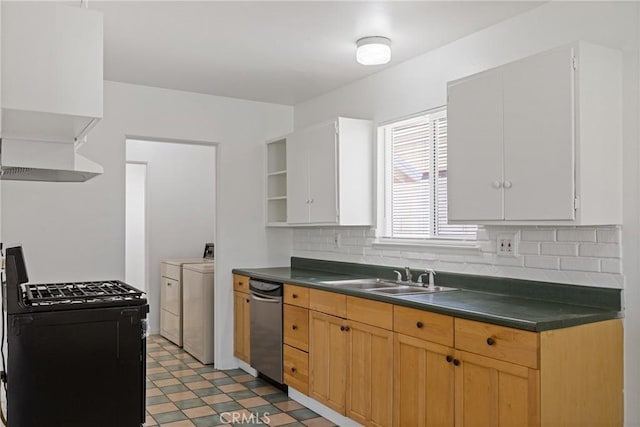 38953 Foxholm Dr, Palmdale, CA 93551 - kitchen with open shelves, washing machine and clothes dryer, stainless steel dishwasher, gas stove, and dark countertops