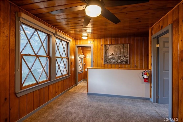 1025 W Big Bear Blvd, Big Bear City, CA 92314 - unfurnished room with wooden ceiling, wooden walls, carpet floors, and ceiling fan