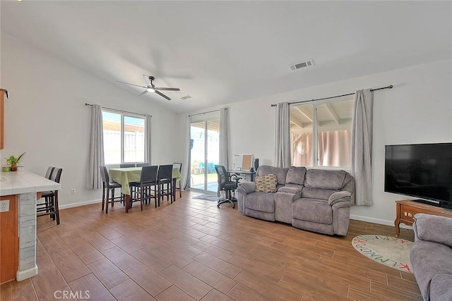 1503 Lynwood Way, Highland, CA 92346 - living room with ceiling fan, wood finished floors, and vaulted ceiling