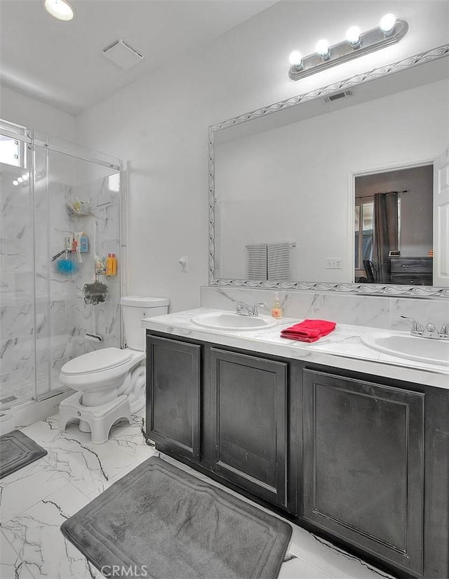 1503 Lynwood Way, Highland, CA 92346 - full bathroom featuring double vanity, a marble finish shower, and marble look tiles