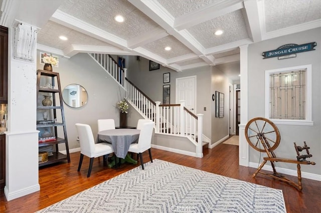 22517 Skipping Stone Dr, Saugus, CA 91350 - dining space featuring stairway, hardwood / wood-style floors, beamed ceiling, coffered ceiling, and crown molding
