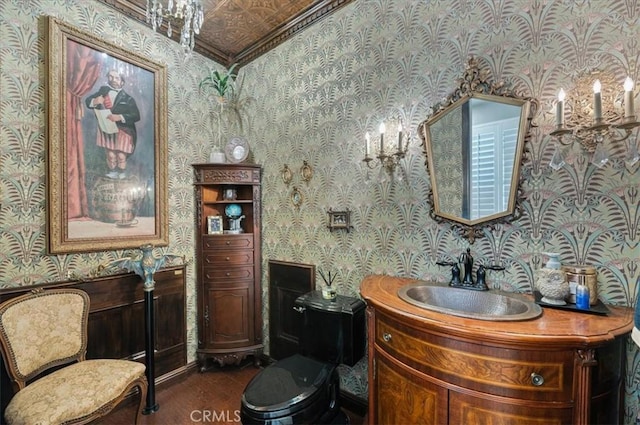 22517 Skipping Stone Dr, Saugus, CA 91350 - bathroom featuring wallpapered walls, wood finished floors, and vanity