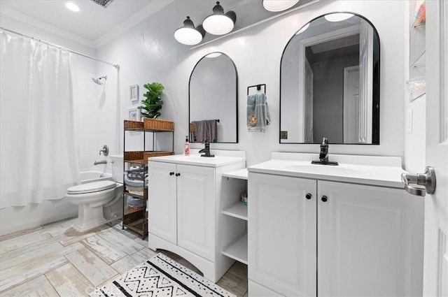 22517 Skipping Stone Dr, Saugus, CA 91350 - full bathroom with crown molding, two vanities, and shower / bath combination with curtain