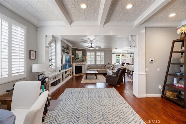 22517 Skipping Stone Dr, Saugus, CA 91350 - living room featuring hardwood / wood-style floors, ceiling fan, ornamental molding, recessed lighting, and beam ceiling