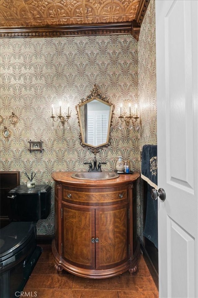 22517 Skipping Stone Dr, Saugus, CA 91350 - bathroom with wallpapered walls and vanity