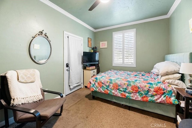 22517 Skipping Stone Dr, Saugus, CA 91350 - carpeted bedroom with crown molding and a ceiling fan