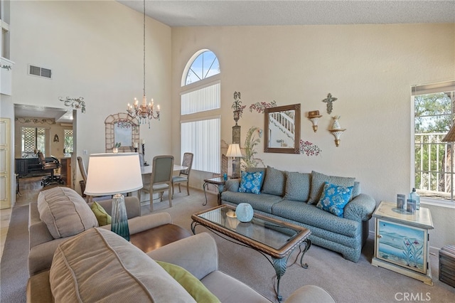 11361 Foxglove Ln, Corona, CA 92878 - carpeted living area with a chandelier, plenty of natural light, and a high ceiling