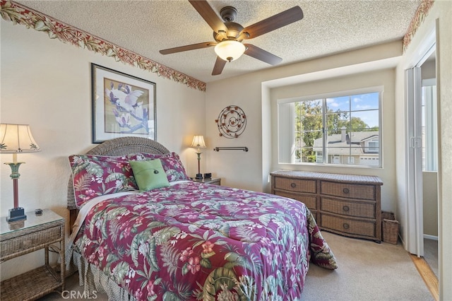 11361 Foxglove Ln, Corona, CA 92878 - bedroom with light carpet, a textured ceiling, and ceiling fan