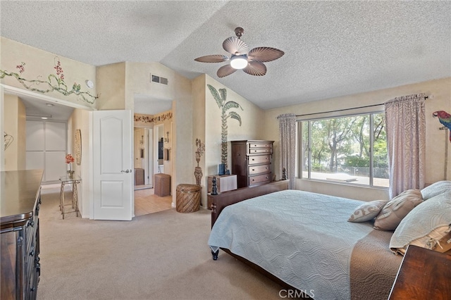 11361 Foxglove Ln, Corona, CA 92878 - bedroom with lofted ceiling, carpet floors, a textured ceiling, and a ceiling fan