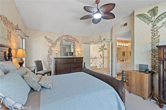 11361 Foxglove Ln, Corona, CA 92878 - carpeted bedroom featuring a textured ceiling, vaulted ceiling, connected bathroom, and ceiling fan