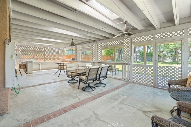 11361 Foxglove Ln, Corona, CA 92878 - sunroom with a ceiling fan, outdoor dining area, and beam ceiling