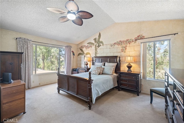 11361 Foxglove Ln, Corona, CA 92878 - carpeted bedroom featuring vaulted ceiling, a textured ceiling, and a ceiling fan