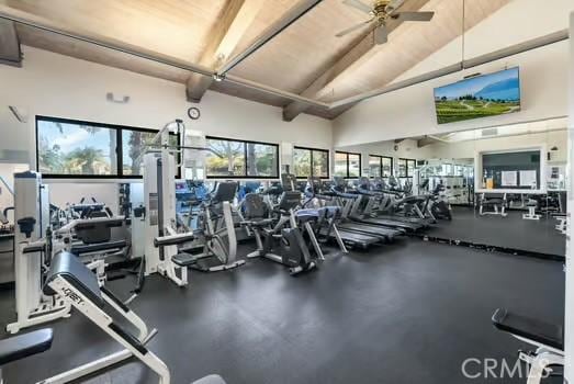 11361 Foxglove Ln, Corona, CA 92878 - workout area featuring ceiling fan, beam ceiling, and high vaulted ceiling