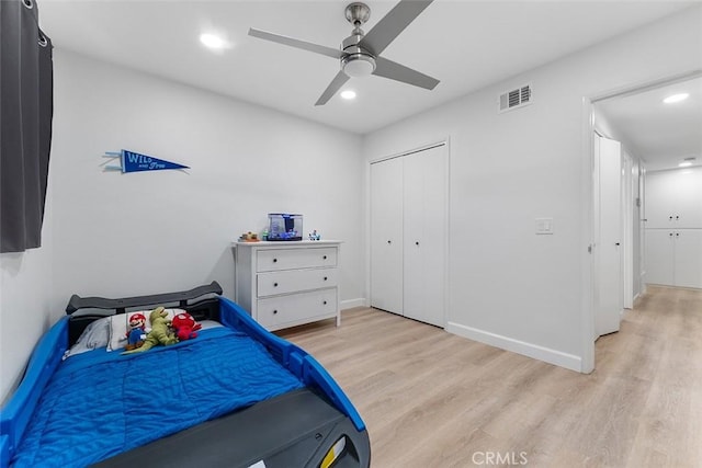 927 E Fairway Dr, Orange, CA 92866 - bedroom featuring light wood-style floors, recessed lighting, ceiling fan, and a closet