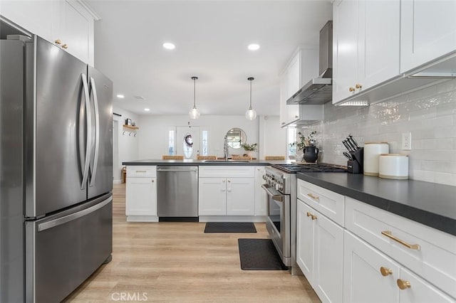 927 E Fairway Dr, Orange, CA 92866 - kitchen featuring stainless steel appliances, a peninsula, dark countertops, decorative backsplash, and white cabinets