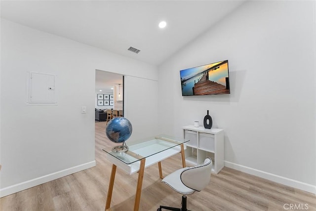 927 E Fairway Dr, Orange, CA 92866 - office space featuring electric panel, light wood finished floors, lofted ceiling, and recessed lighting