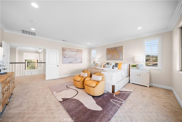 16389 Viewcrest Rd, Chino Hills, CA 91709 - bedroom with light carpet, ornamental molding, and recessed lighting