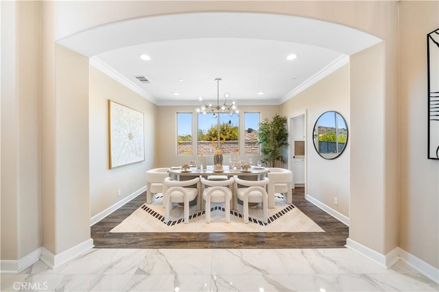 16389 Viewcrest Rd, Chino Hills, CA 91709 - dining room with arched walkways, marble look tiles, recessed lighting, ornamental molding, and a chandelier