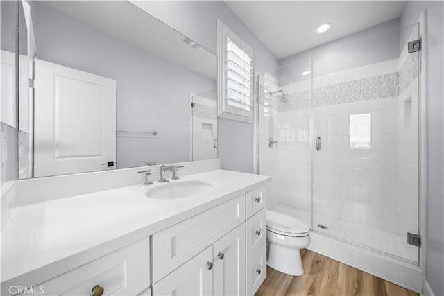 16389 Viewcrest Rd, Chino Hills, CA 91709 - full bath featuring a stall shower, vanity, wood finished floors, and recessed lighting