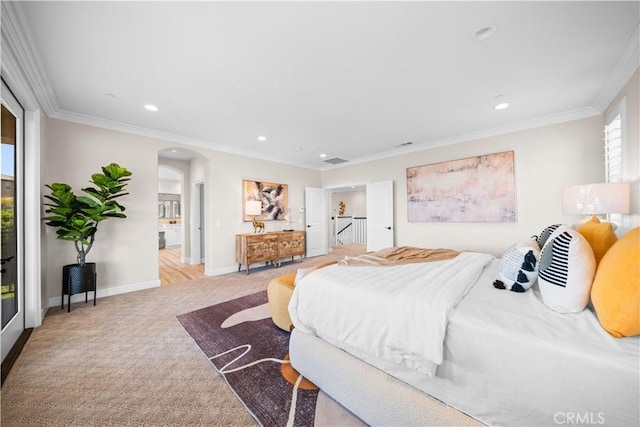 16389 Viewcrest Rd, Chino Hills, CA 91709 - carpeted bedroom featuring arched walkways, recessed lighting, and crown molding