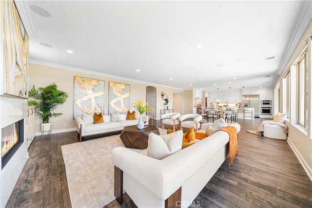 16389 Viewcrest Rd, Chino Hills, CA 91709 - living room with dark wood-type flooring, a premium fireplace, recessed lighting, and ornamental molding