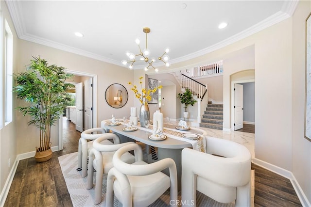 16389 Viewcrest Rd, Chino Hills, CA 91709 - dining area featuring a chandelier, stairs, arched walkways, ornamental molding, and recessed lighting